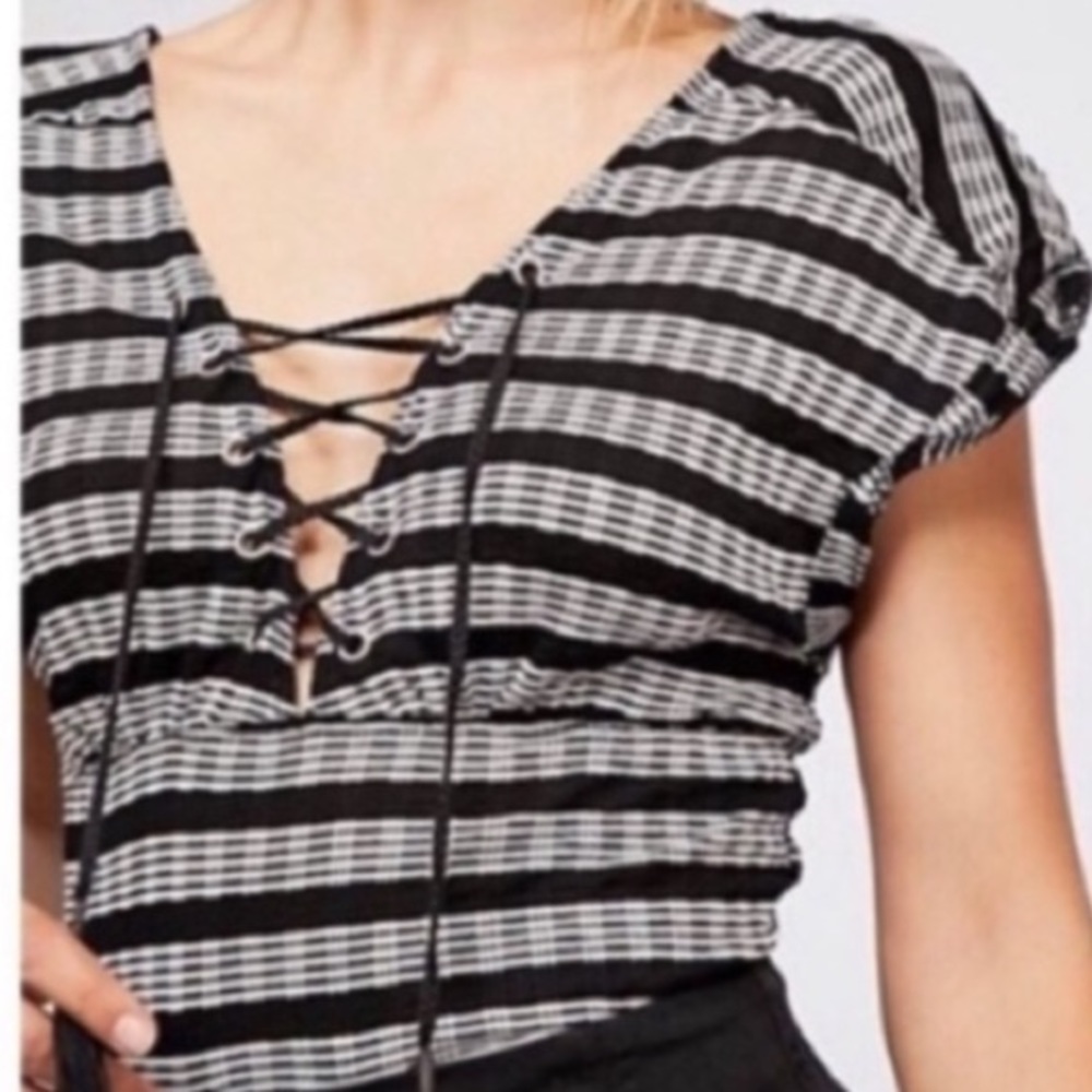 Free People Striped Lace Up Top